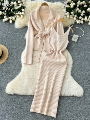 Autumn Knitted Cardigan and Dress Set for Women