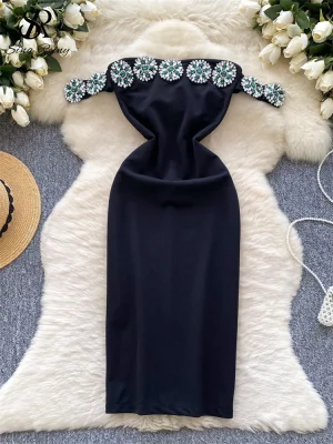 French Diamond Off Shoulder Midi Dress