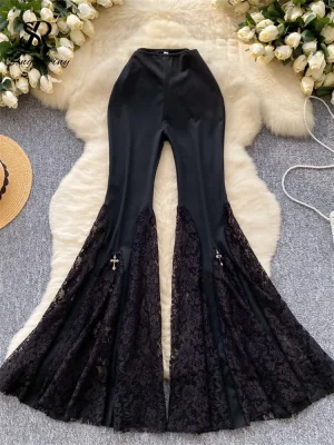 High Waist Lace Mesh Flared Pants