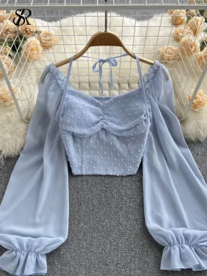 Polka Dot Off Shoulder Blouse with Tie Halter