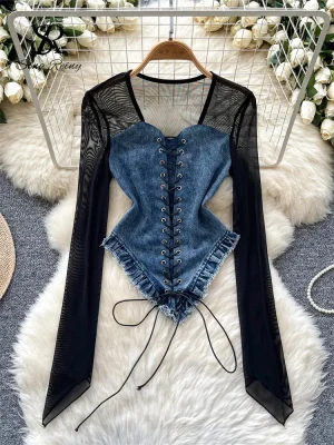 Retro Patchwork Lace-Up Denim Blouse