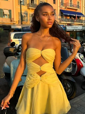 Yellow Strapless Ruffle Mini Dress