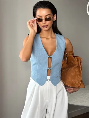 Blue Denim Hollow Out Vest Top