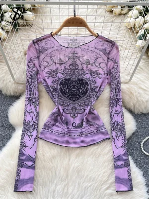 Sheer Mesh Print Streetwear Top