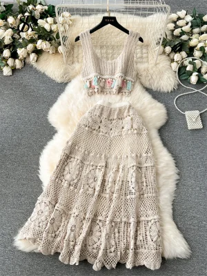 Boho Knit Tassel Crop Top and Skirt Set