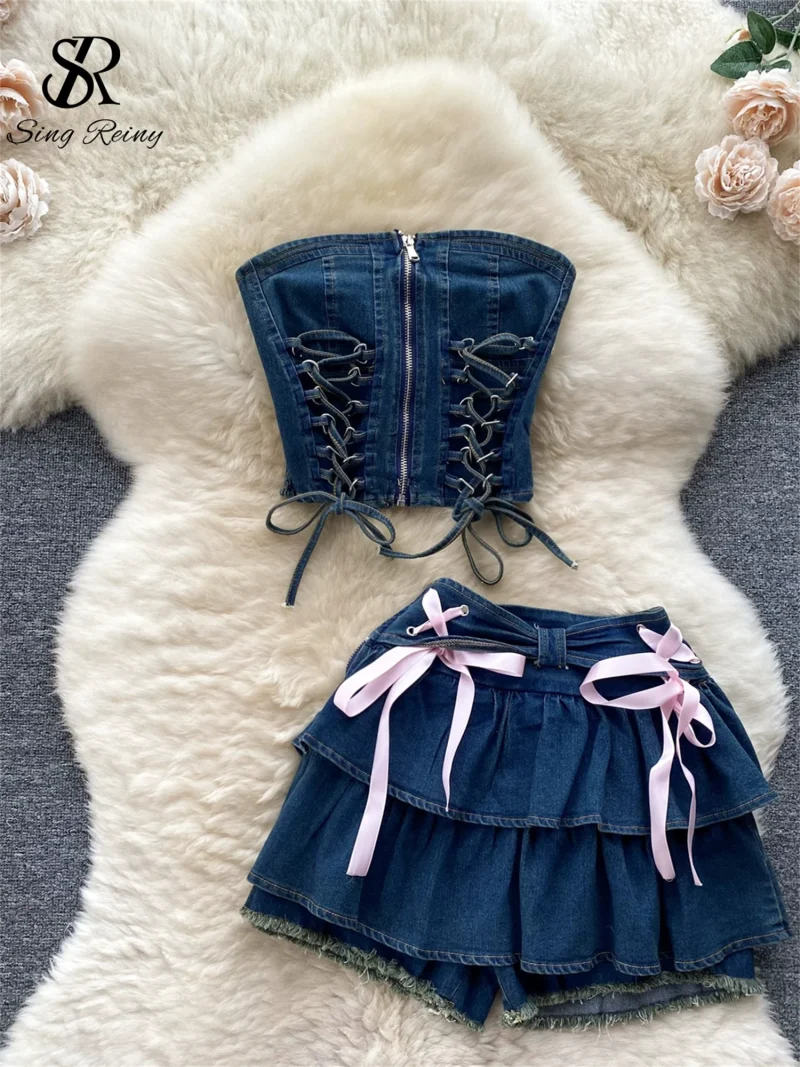 Denim Y2K Strapless Top and Mini Culottes Set