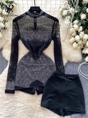 Sheer Mesh Zipper Bodysuit Romper