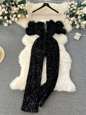 Elegant Off Shoulder Feather Jumpsuit for Women