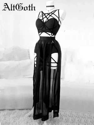 Gothic Nightclub 3-Piece Mesh Skirt Set Backless Crop Top