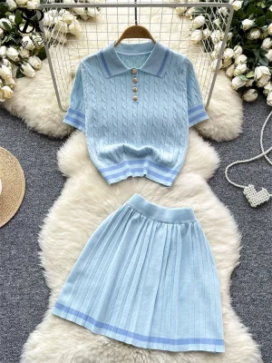 Vintage Knit Button Top and Pleated Skirt Set