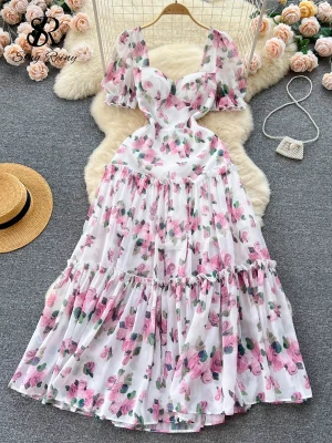 Floral Backless Ruched Dress