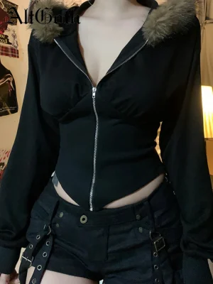Vintage Gothic Sweatshirt Cyber Punk Hooded Zip-up