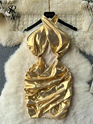 Shiny Ruched Mini Dress