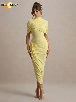Elegant Yellow Pleated Maxi Dress