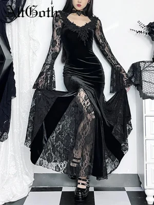 Aesthetic Gothic Lace Patchwork Midi Dress
