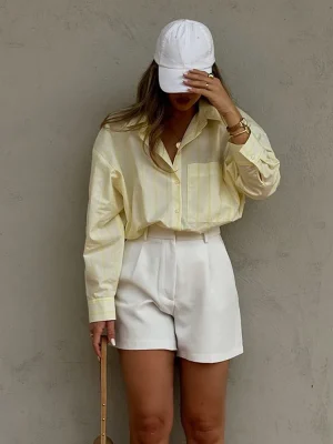Casual Yellow Stripes Lapel Blouse