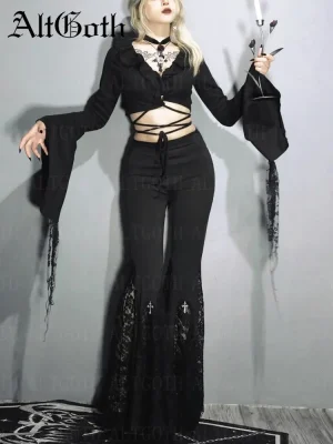 Dark Academia Cross Lace Flare Pants Y2K Streetwear