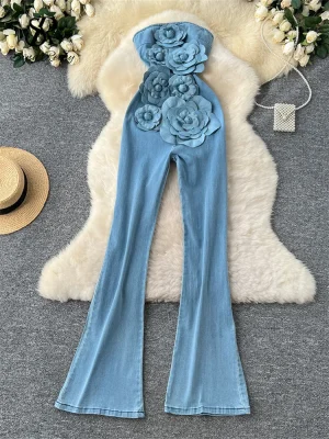 Floral Denim Zip Jumpsuit