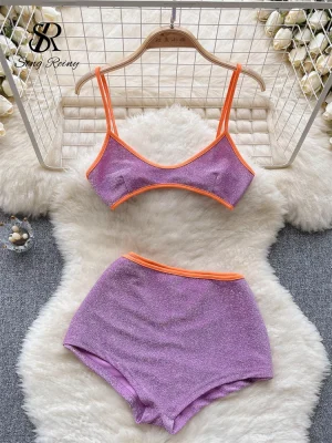 Shiny Backless Swimsuit Set