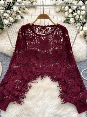 French Vintage Tassel Flower Hollow Blouse