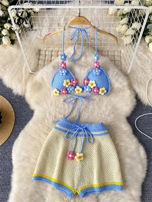 3D Floral Knit Halter Set for Summer