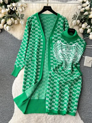 Winter Turtleneck Dress and Cardigan Set