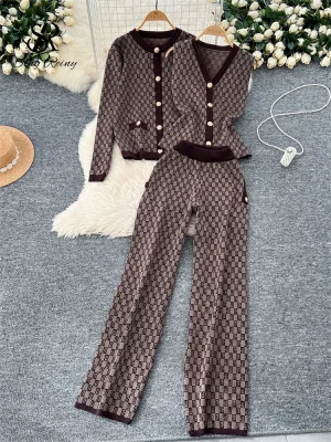 Plaid Knit Cardigan & Pants Set