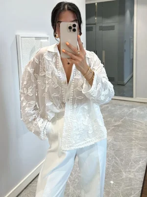 White Jacquard Cotton Linen Blouse