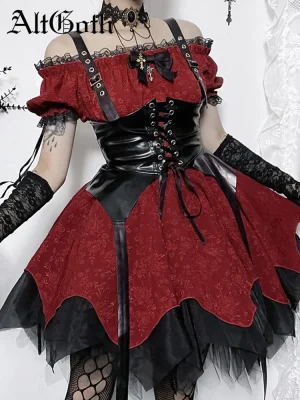 Dark Academia Lace Puff Sleeve Dress Grunge Style