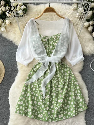 Floral Print Two Piece Dress Summer Slim Elegant Beach Midi