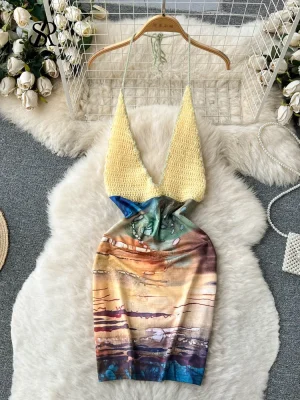 Boho Patchwork Halter Beach Dress