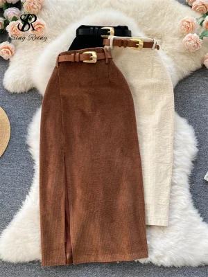 Vintage Corduroy Split Skirt Slim & Warm