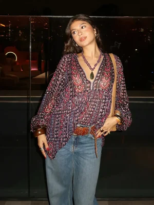 Retro Printed V-Neck Chiffon Blouse