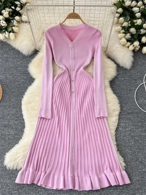 Autumn Knitted V-Neck Sweater Dress for Women