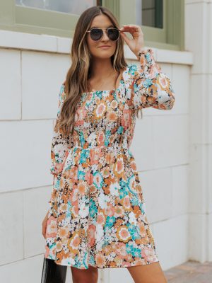 Elegant Autumn Print Smocked A-Line Dress