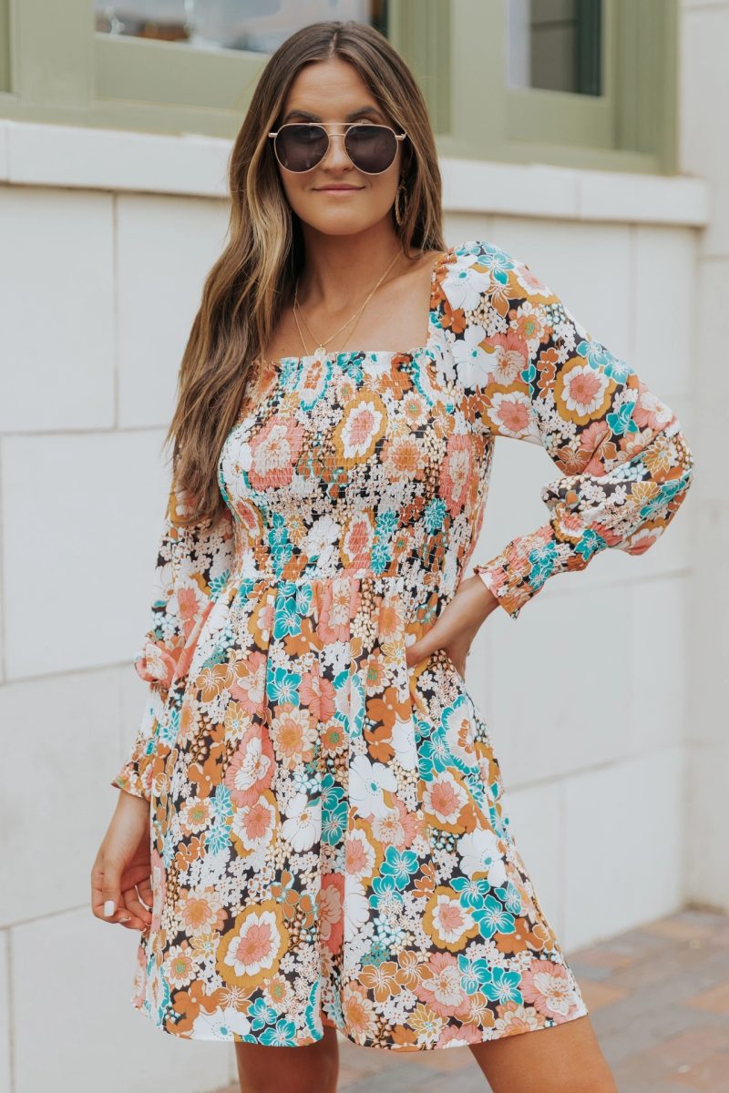 Elegant Autumn Print Smocked A-Line Dress - Image 3