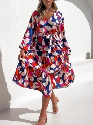 Autumn Boho Belted V-Neck Tiered Dress