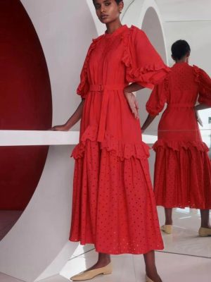 Stand Collar Embroidered Ruffle Belted A-Line Dress