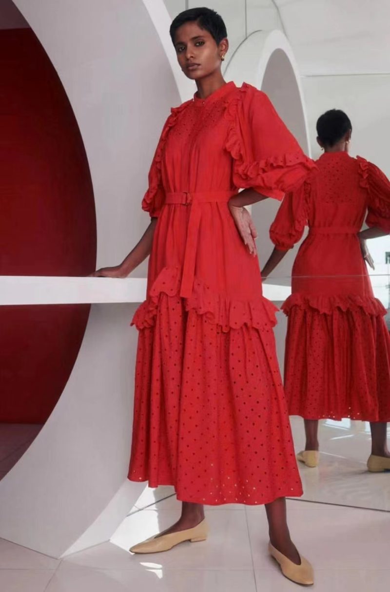 Stand Collar Embroidered Ruffle Belted A-Line Dress