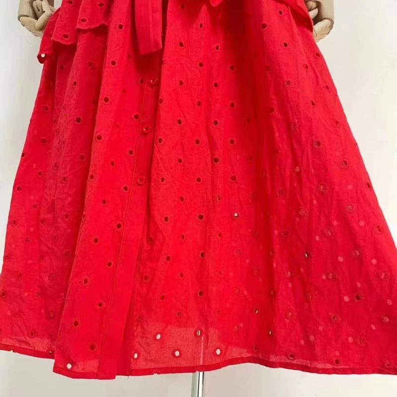 Stand Collar Embroidered Ruffle Belted A-Line Dress - Image 2