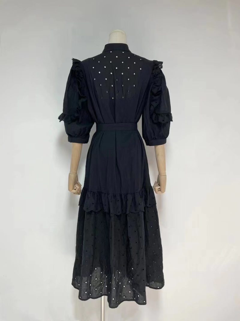Stand Collar Embroidered Ruffle Belted A-Line Dress - Image 3