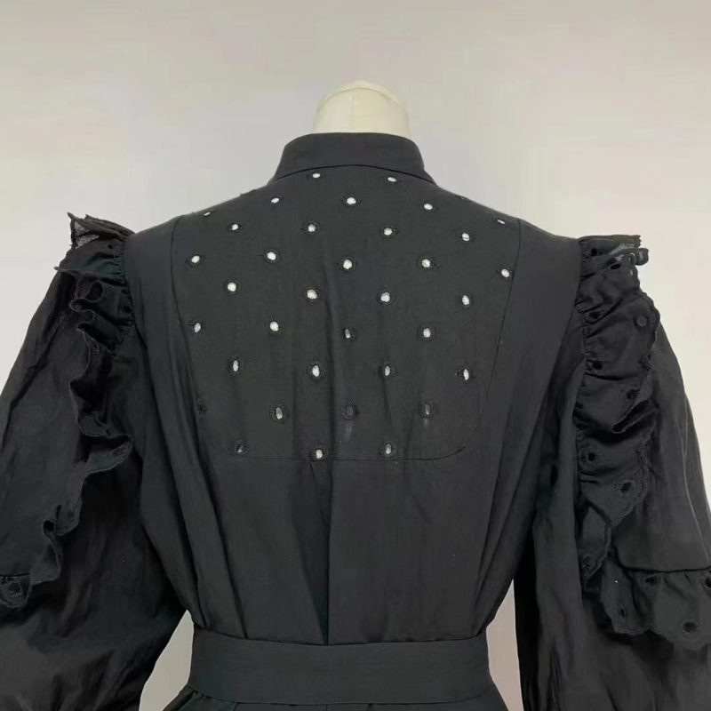 Stand Collar Embroidered Ruffle Belted A-Line Dress - Image 4
