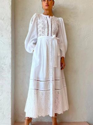 Elegant Embroidered Belted A-Line Maxi Dress Women