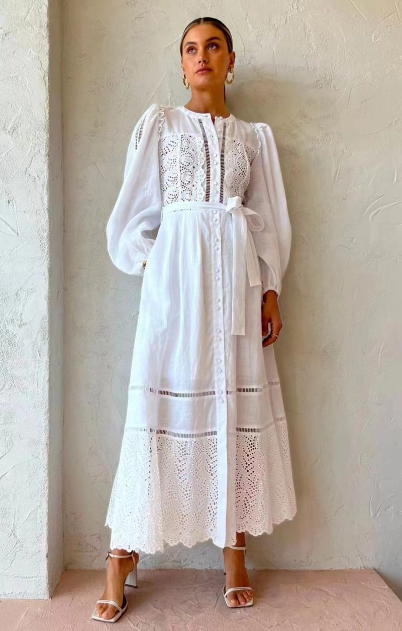 Elegant Embroidered Belted A-Line Maxi Dress Women