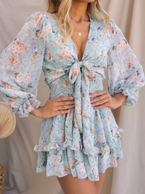 Printed Ruffle Dress with Bow Waist Winter