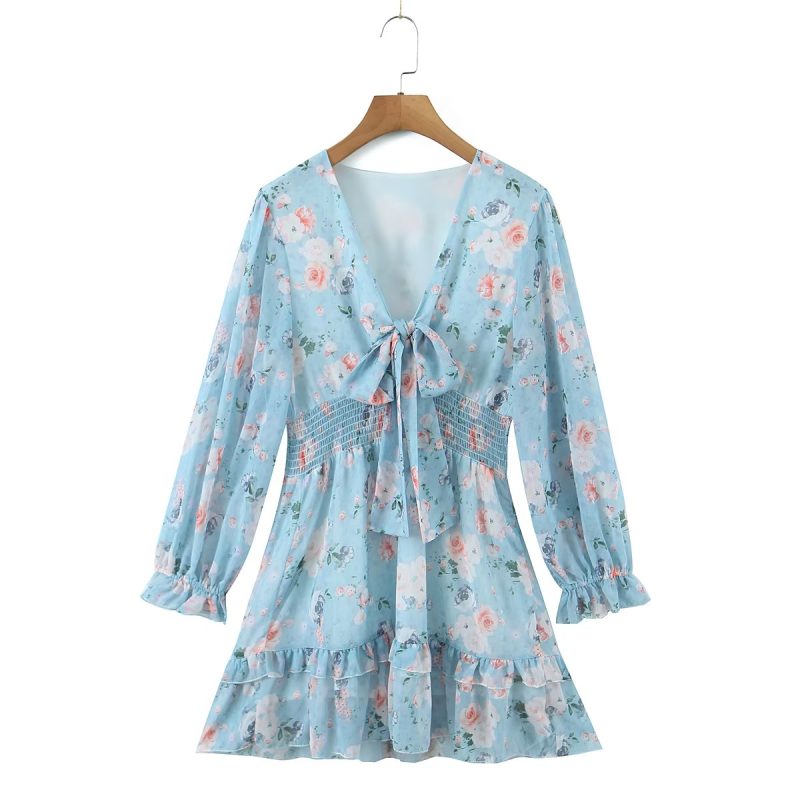 Printed Ruffle Dress with Bow Waist Winter - Image 2