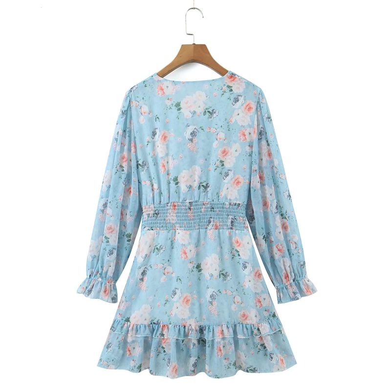 Printed Ruffle Dress with Bow Waist Winter - Image 3