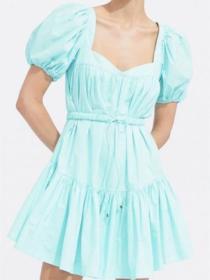 Retro Puff Sleeve Belted Waist Flounce Dress