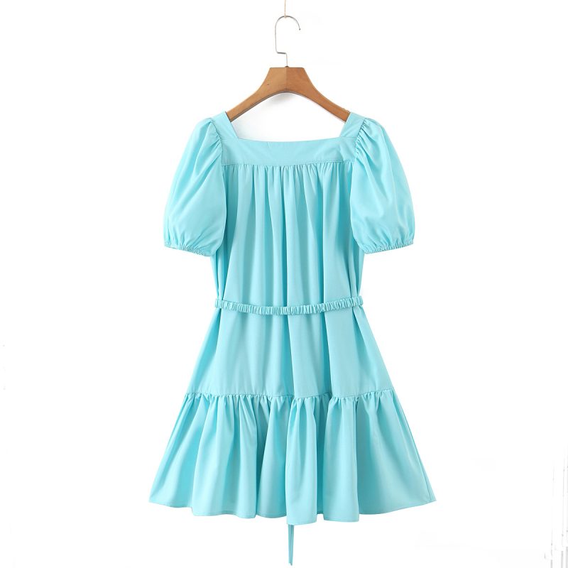 Retro Puff Sleeve Belted Waist Flounce Dress - Image 3