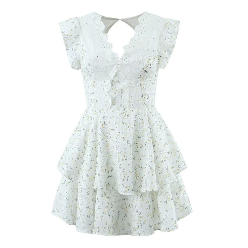 Retro French Lace Ruffle Tiered Slim Dress - Image 2